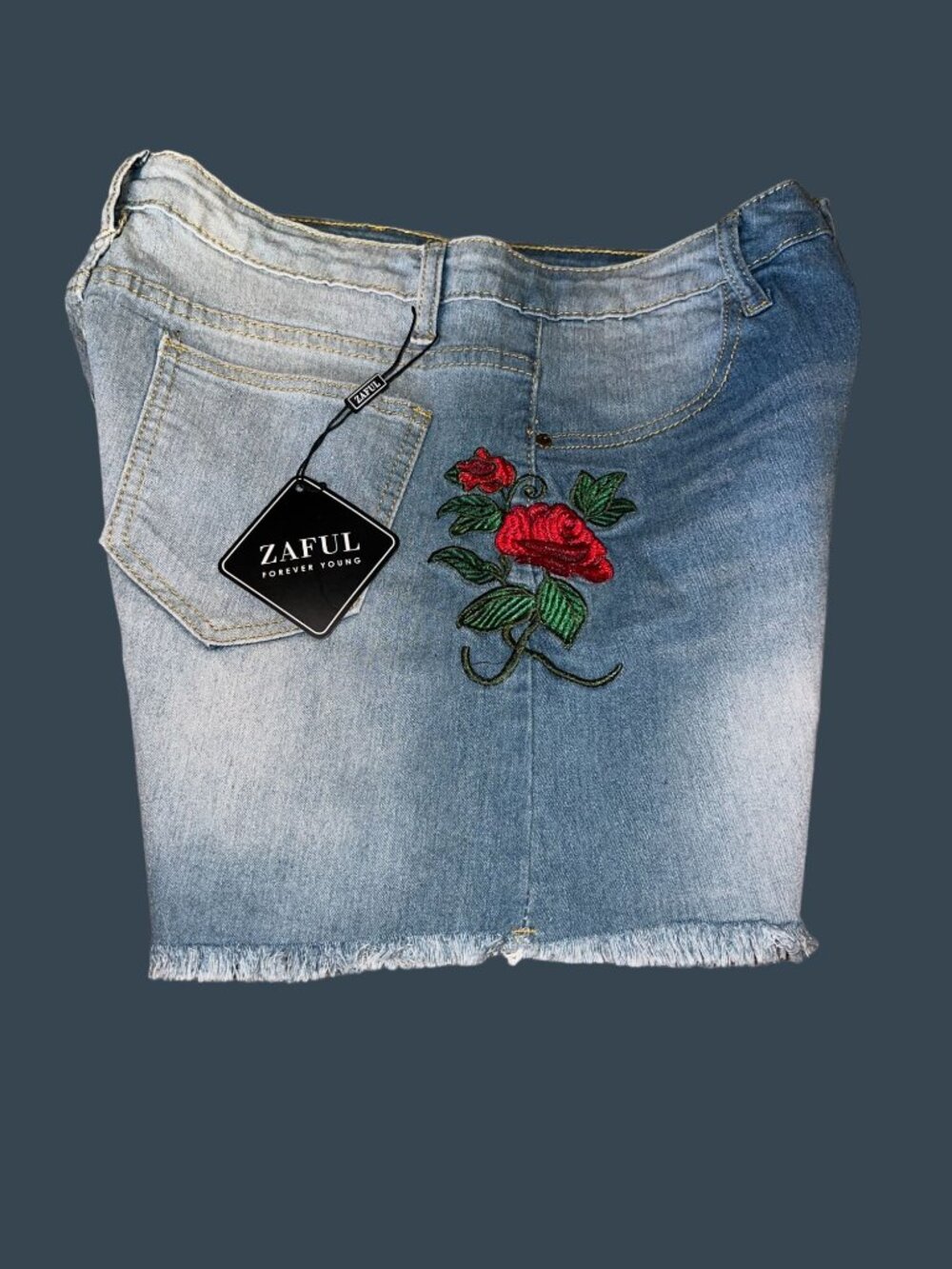 Zaful Womens Denim Shorts W/ Rose Embroidery Frayed Hem Size 4 Light Wash Cotton - Picture 10 of 11
